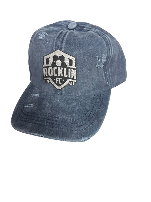 Navy Rocklin FC Distressed Ponytail Hat, black/silver patch