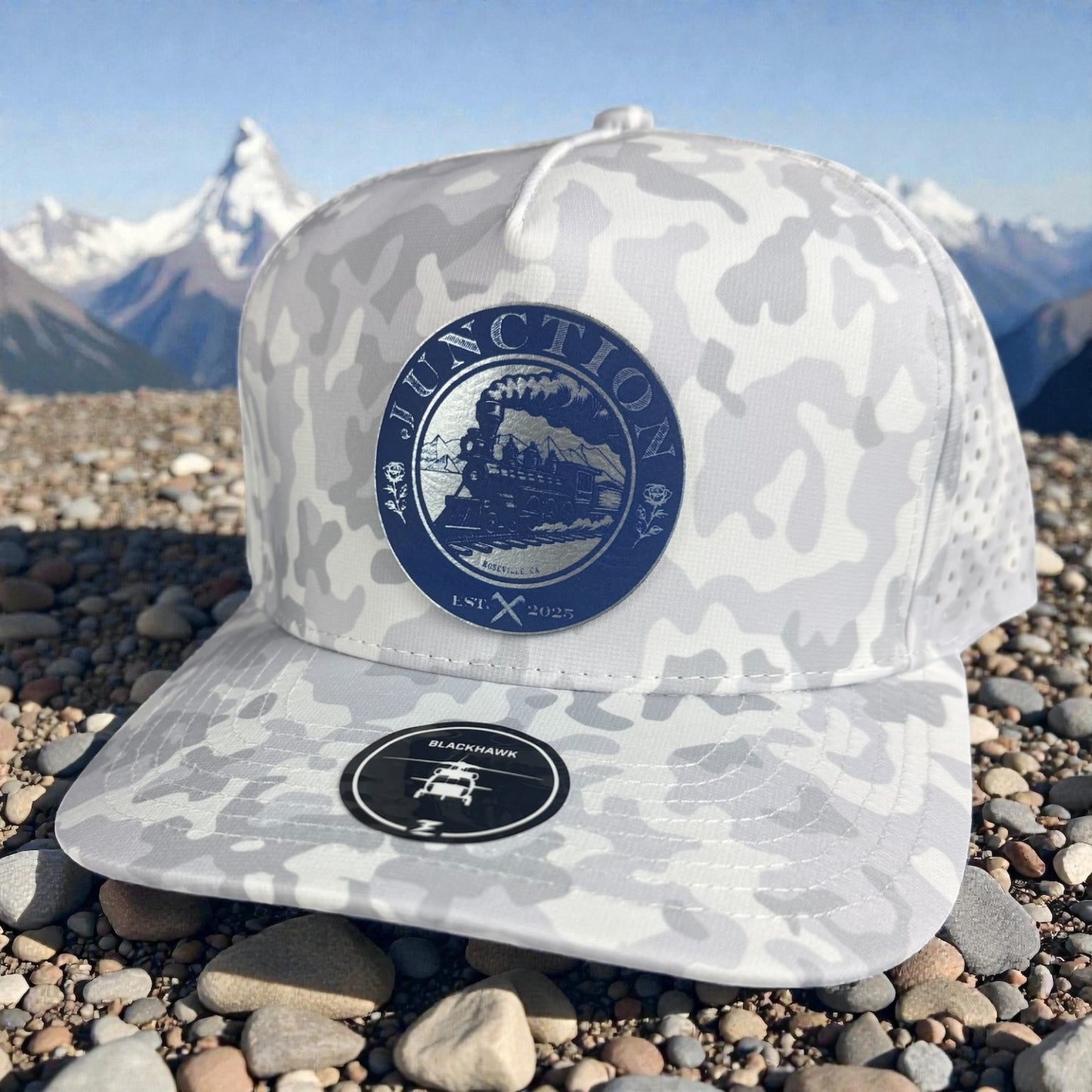 Junction Snow Camo Performance Hat with Blue/Silver Patch