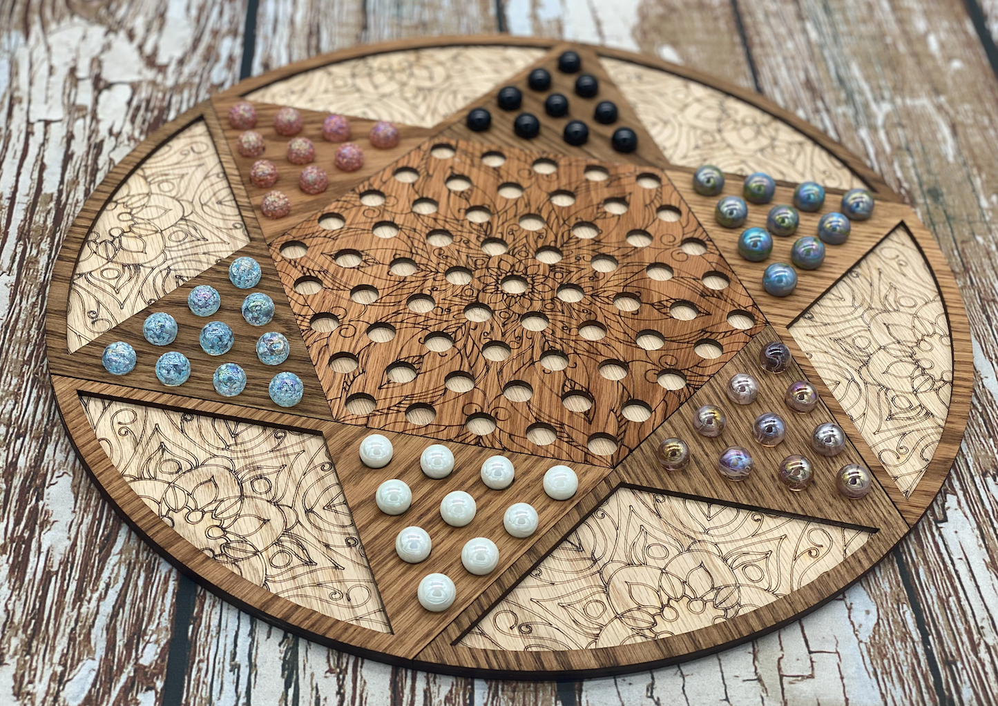 Wooden, Engraved Chinese Checkers Set